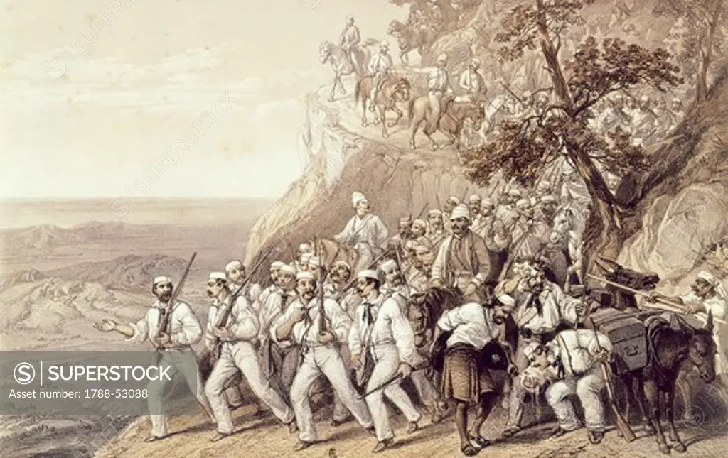 First Regiment of Bengal Fusiliers leaving the Dughshai camp, May 1857, during the Indian uprisings of 1857 (or Sepoy Rebellion) against the British colonial power and the East India Company. Colonial Wars, India 19th century.