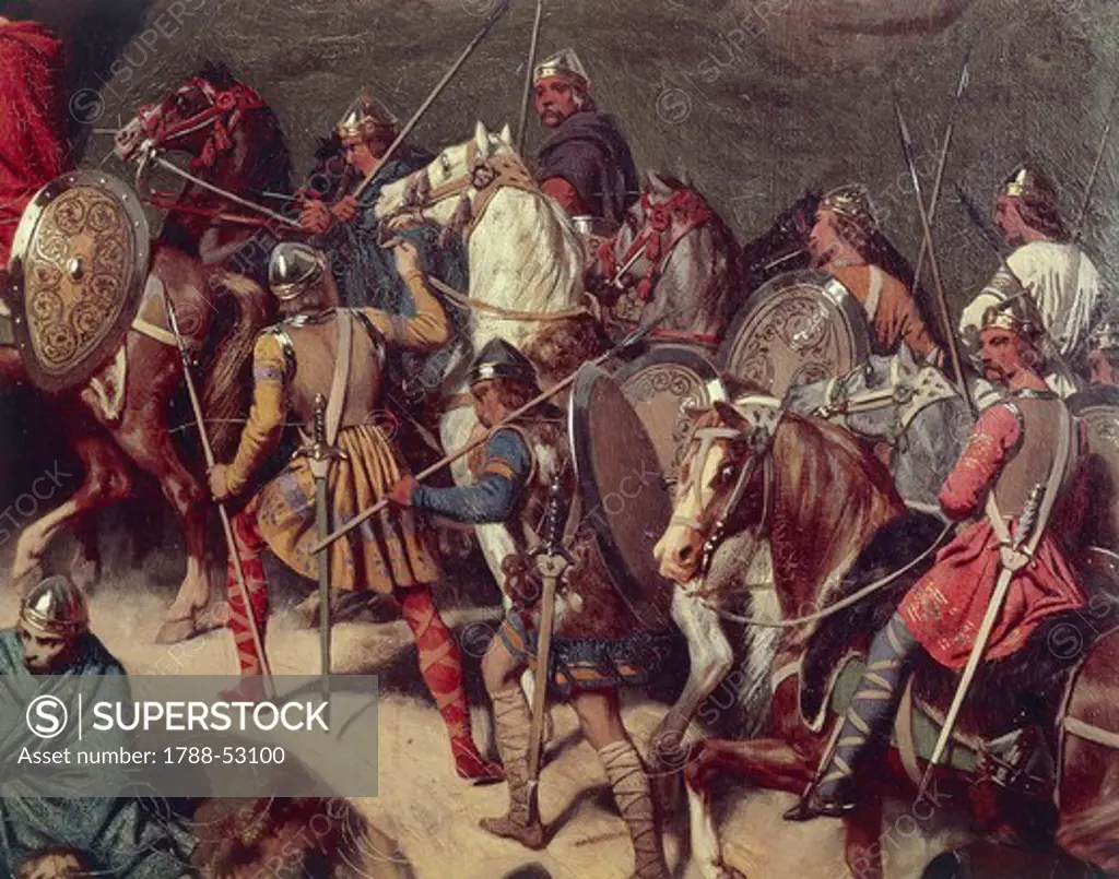 The armies of Charlemagne, detail from Charlemagne crossing the Alps in 773, painting by Eugene Roger (1807-1840) 1838, oil on canvas, 69x106 cm.