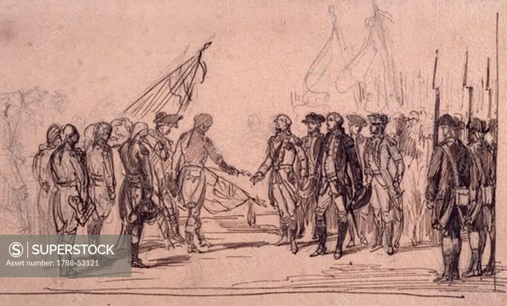 George Washington with his officers and his General Staff, December 1783. Drawing. American War of Independence, the United States, 18th century.