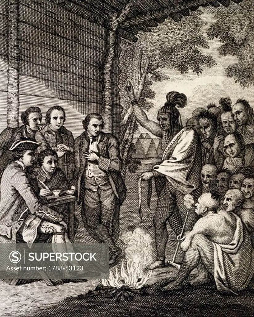 Henry Bouquet receiving Native Americans, from a historical report of the expedition against the Native Americans of Ohio, 1764. Native American wars, United States, 18th century.
