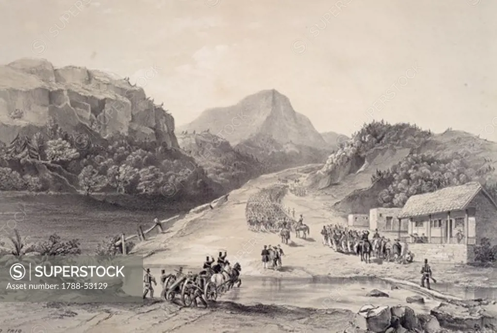 The Mexican army crossing the Rio Frio, between Puebla and Mexico City, 1848, by John Phillips, engraving. Mexican-American War, Mexico, 19th century.
