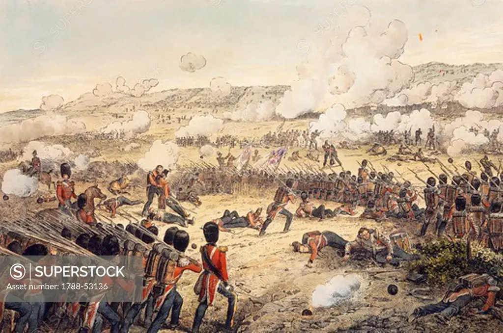 Battle of Alma, the victory of Franco-British troops over the Russians, September 20, 1854, coloured etching. Crimean War, Ukraine, 19th century.