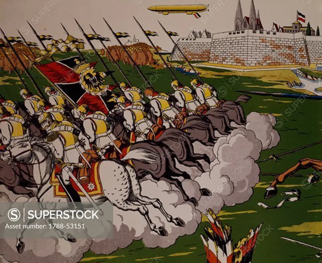 Retreat of the Prussian in the face of the Cossacks, 1914, Lubok. Detail. World War I, Russia, 20th century.