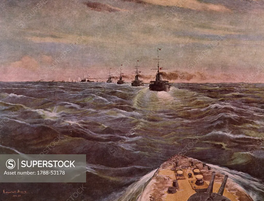 Togolese ships at Mikasa intercepting the Russian fleet heading towards Vladivostok, 1904. Russo-Japanese War, Japan, 20th century.