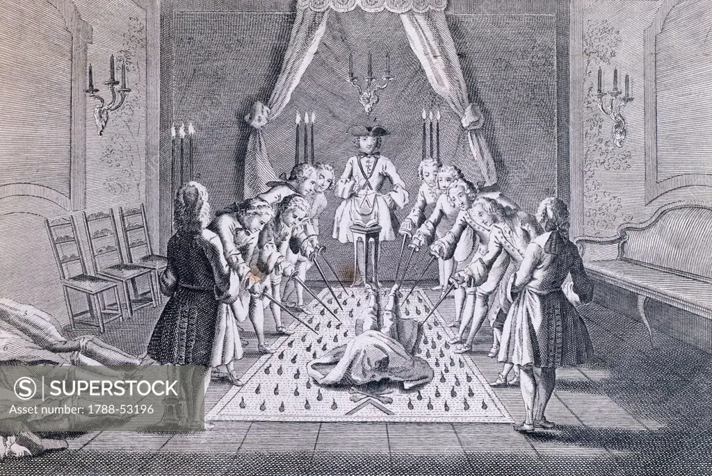 Freemasons meeting to welcome the masters, engraving. France, 18th century.