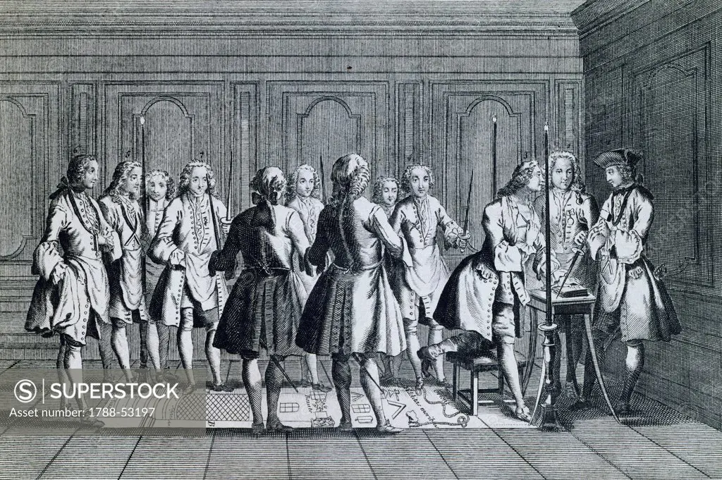 Freemasons meeting to welcome a new apprentice, engraving. France, 18th century.