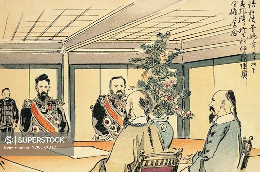 The meeting of plenipotentiaries for peace negotiations, 1895. First Sino-Japanese war, 19th century.