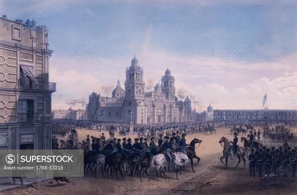 The US General Winfield Scott entering Mexico City in September 1847, 19th century print. Mexican-American War, Mexico, 19th century.