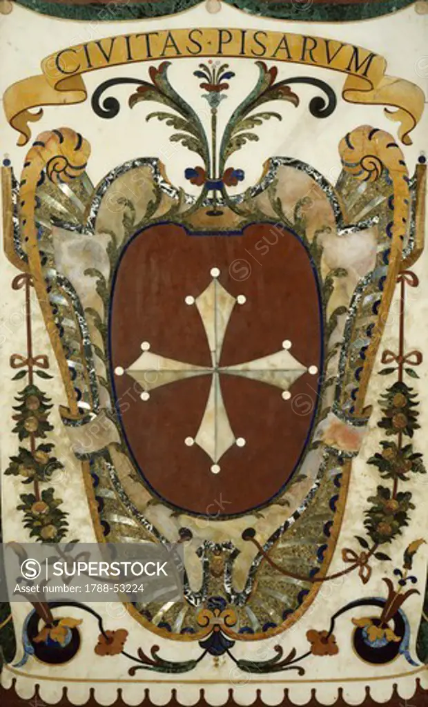 Coat of arms of the city of Pisa, polychrome semiprecious stones, from the chapel of the Princes of the Church of San Lorenzo, Florence. Heraldry, Italy.