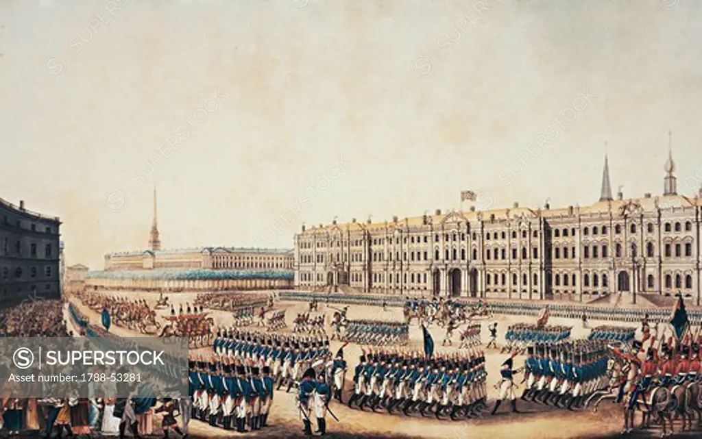 Military parade in front of the Imperial Palace in St Petersburg, engraving. Russia, 19th century.