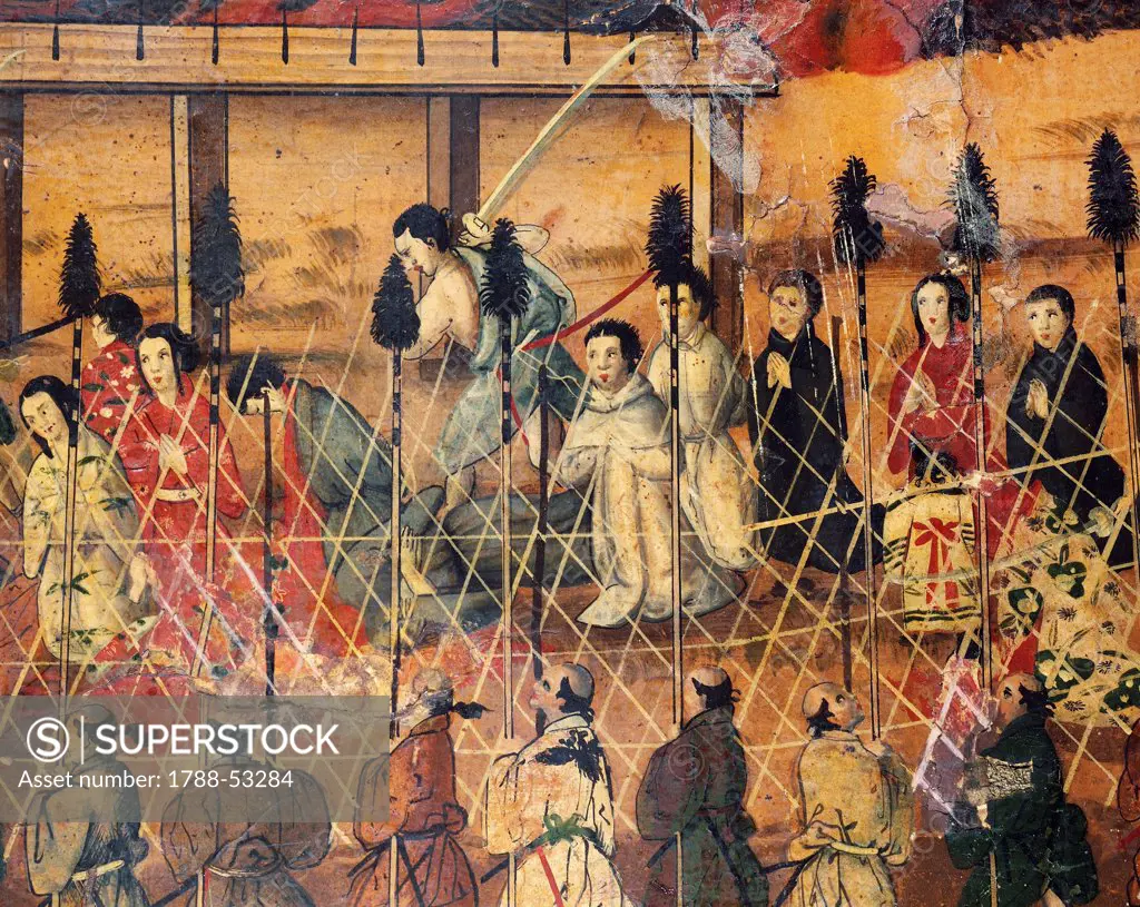 Decapitation scene, detail from The great martyrdom of fifty two Christians in Nagasaki, September 10, 1622, detail from a painnting by an unknown artist, Japanese paper, 126x170 cm. Church of the Gesu, Rome, Italy. Japan, 17th century.