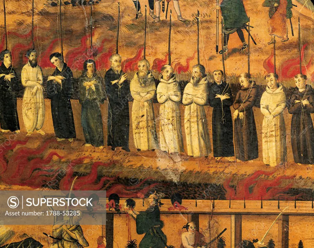 Religious clergy at the stake, detail from The great martyrdom of fifty two Christians in Nagasaki, September 10, 1622, detail from a painnting by an unknown artist, Japanese paper, 126x170 cm. Church of the Gesu, Rome, Italy. Japan, 17th century.