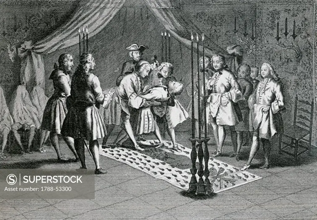 Freemasons meeting to welcome the masters, engraving. France, 18th century.