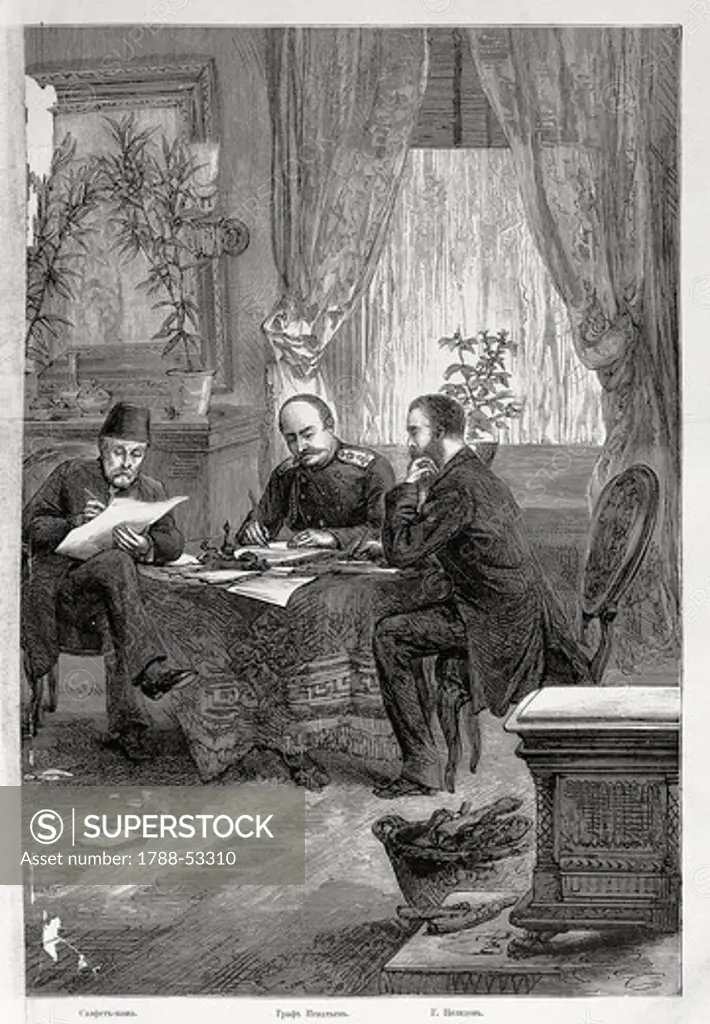 Signing of the Treaty of Santo Stefano with the Pasha Safet and Nikolai Pavlovich Ignatev, March 3, 1878. Russo-Turkish War, Turkey, 19th century.