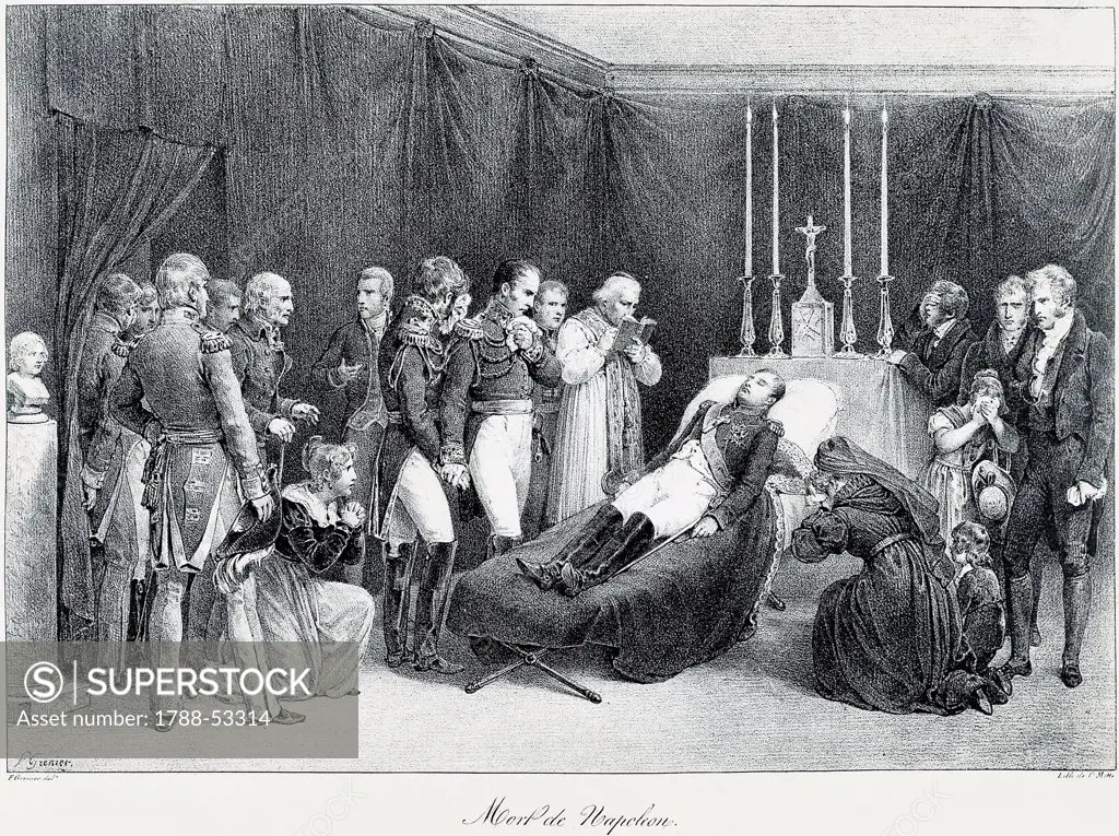 Napoleon Bonaparte's death on St Helena, May 5, 1821, lithograph. Restoration, 19th century.