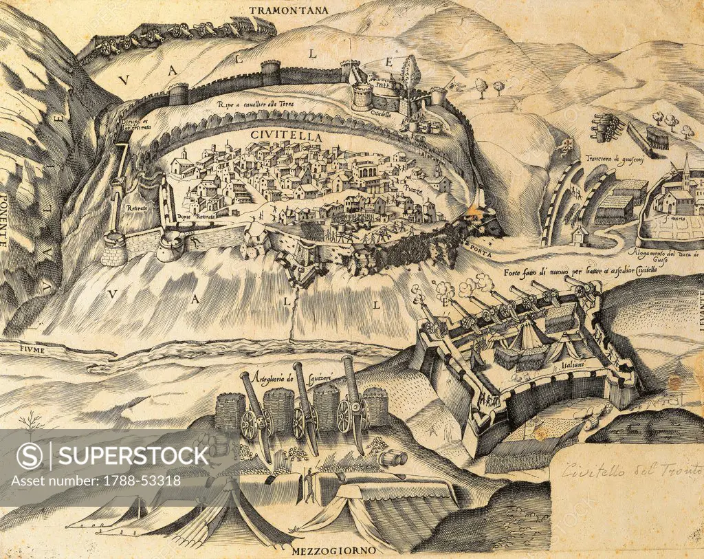 Civitella del Tronto under siege by French and papal troops, commanded by the Duke of Guise, 1557. Salt War, Italy, 16th century.