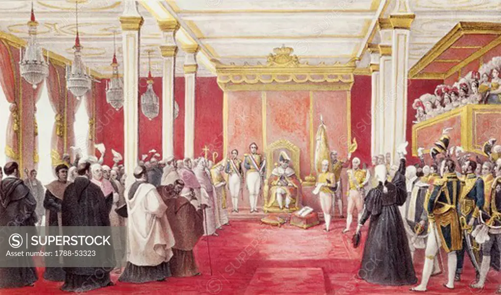 Acclamation of King John VI in Rio de Janeiro, painting by Jean-Baptiste Debret (1768-1848) for the book A colourful and historic journey to Brazil. Brazil, 19th century.
