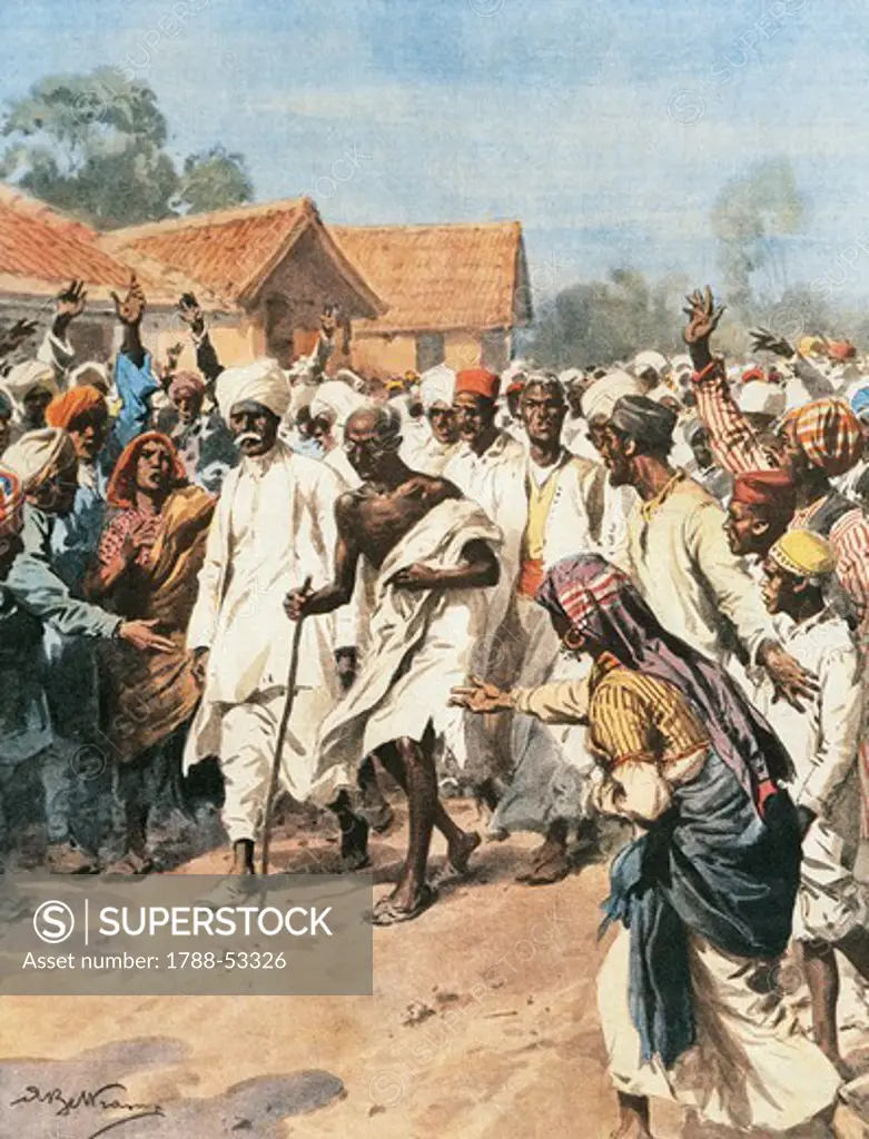 Gandhi and Eighty Martyrs going towards the Jalalpur saltmines. Achille Beltrame (1871-1945), from La Domenica del Corriere, 1930.