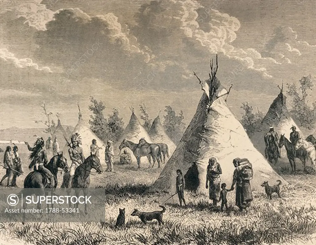 Engraving depicting a Sioux village at Fort Laramie. Native American Wars, United States, 19th century.