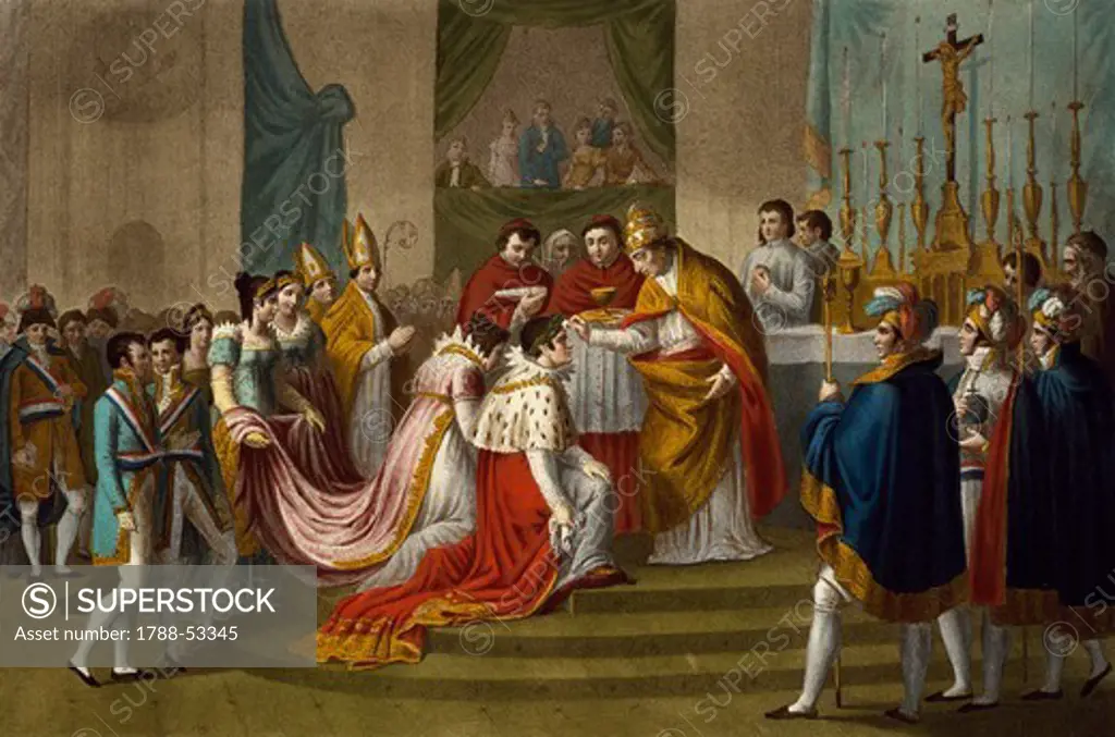 Pius VII crowning Napoleon and Josephine, December 1804, in Notre Dame in Paris. Napoleonic era, France, 19th century.