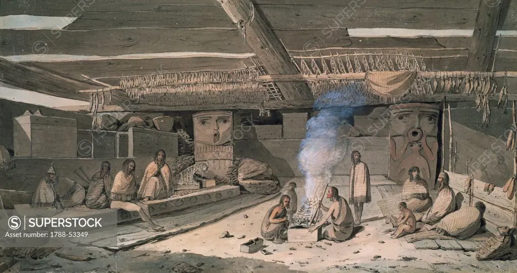 Interior of a Nootka Native American house, drawing by John Webber, 1778. Native American Civilization, United States and Canada, 19th century.