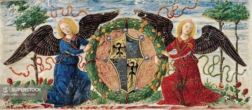 Angels holding a shield depicting a Sforza coat of arms, Burgundy miniated parchment. Heraldry, Italy, 15th century.