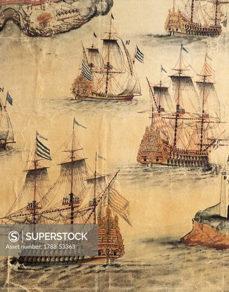 Detail of ships during the Battle of Port Mahon, 1756, clashes which occurred during the Seven Years' War between France and England.