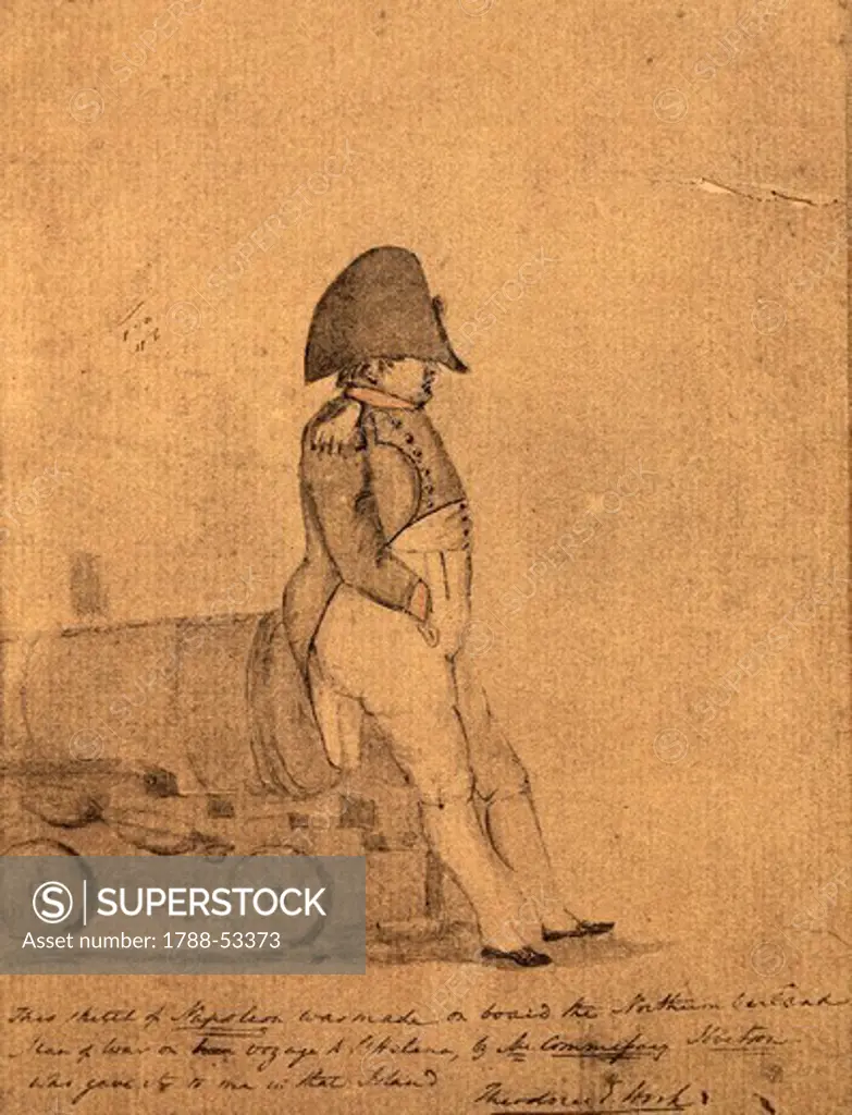 Napoleon on board the Northumberland on its way to St Helena, drawing by a British officer. Napoleonic era, 19th century.