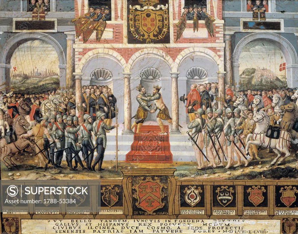 The Peace of Cateau-Cambresis, in 1559, painted wooden board from Siena, 16th century.
