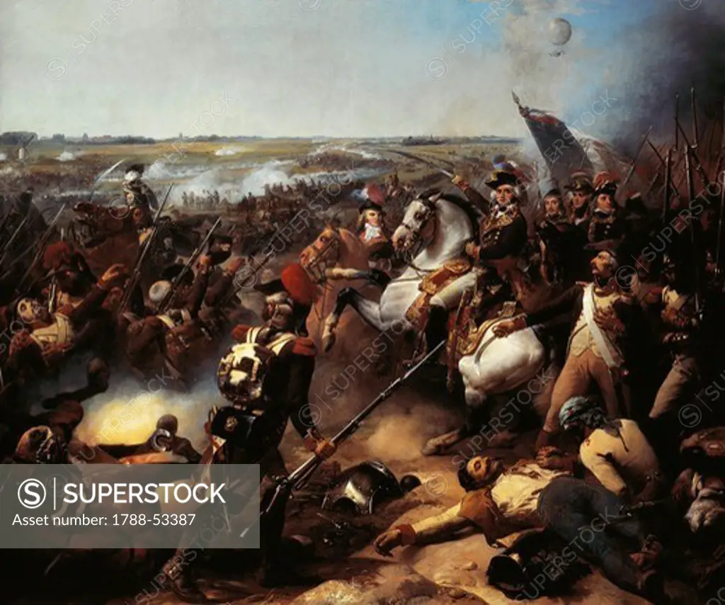 Battle of Fleurus, Marshal Jean Baptiste Jourdan victorious against the Austrians, June 26, 1794, painting by Jean Baptiste Mauzaisse (1784-1844). Belgium, 19th century.