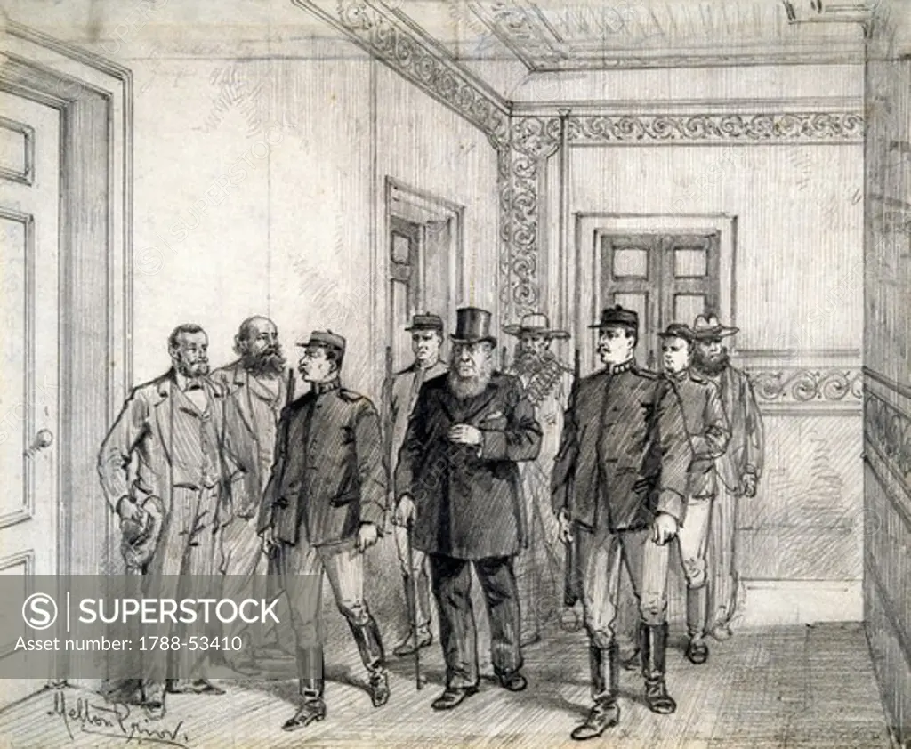 The Boer President Kruger leaving the Chamber of Deputies in Pretoria, 1896, by Melton Prior (1845-1910), engraving. South Africa, 19th century.