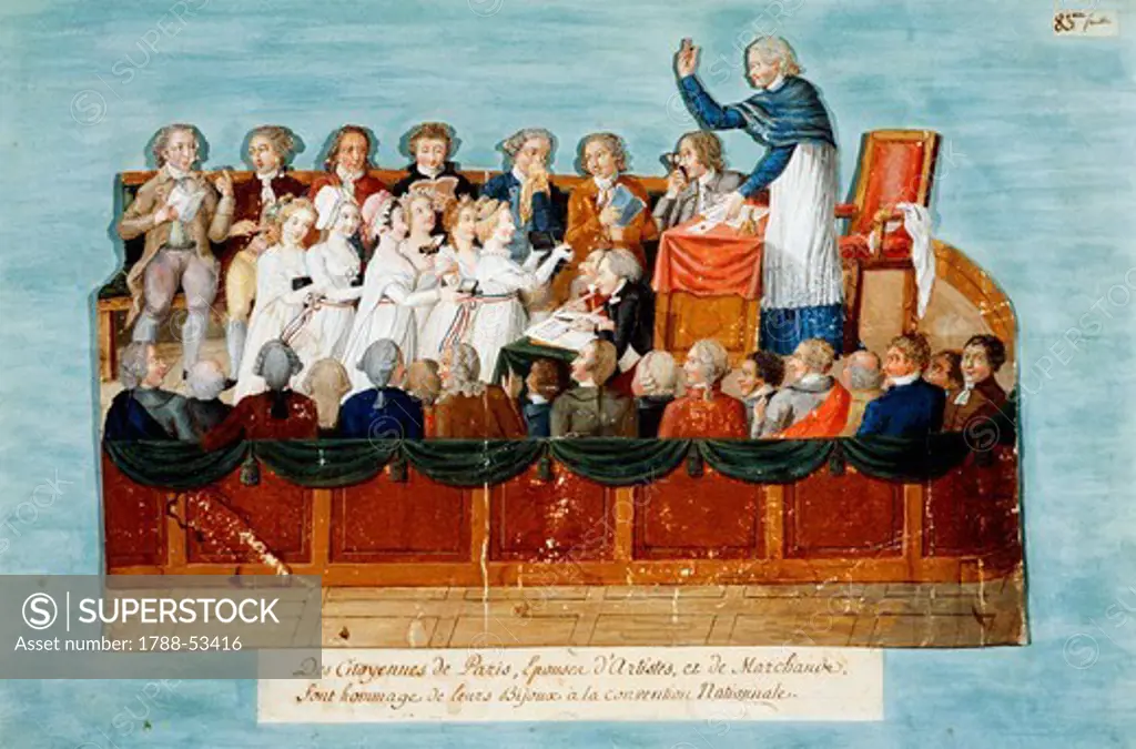 The citizens of Paris donating their jewelry to the National Convention, gouache by the Lesueur brothers (1749-1826). French Revolution, France, 18th century.