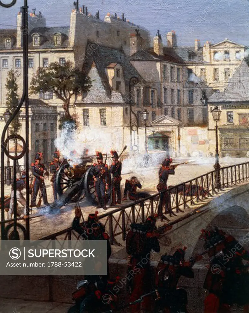 Riot at the bridge of the Archbishop in Paris during the revolution of 1848, painting by Philippe Chaperon (1823-1907). France, 19th century.