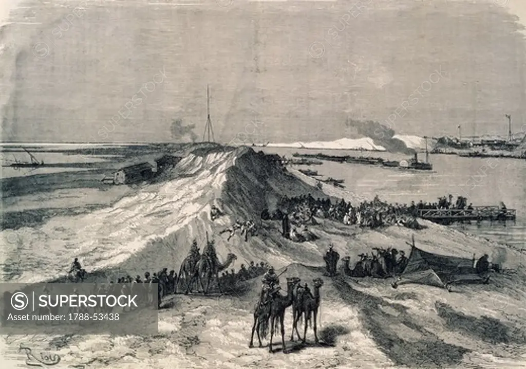 The Suez Canal near Al Kantara, Syrian caravans waiting to be ferried across. Egypt, 19th century.