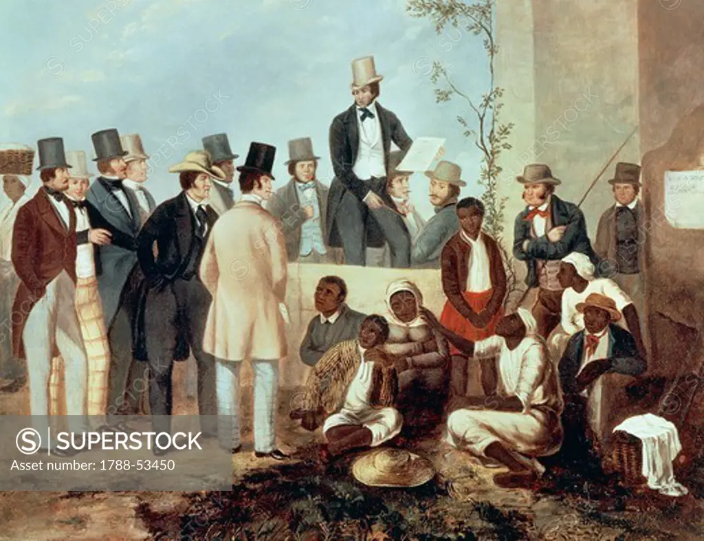American slave market, 1852, by Taylor. Slavery, United States, 19th century.