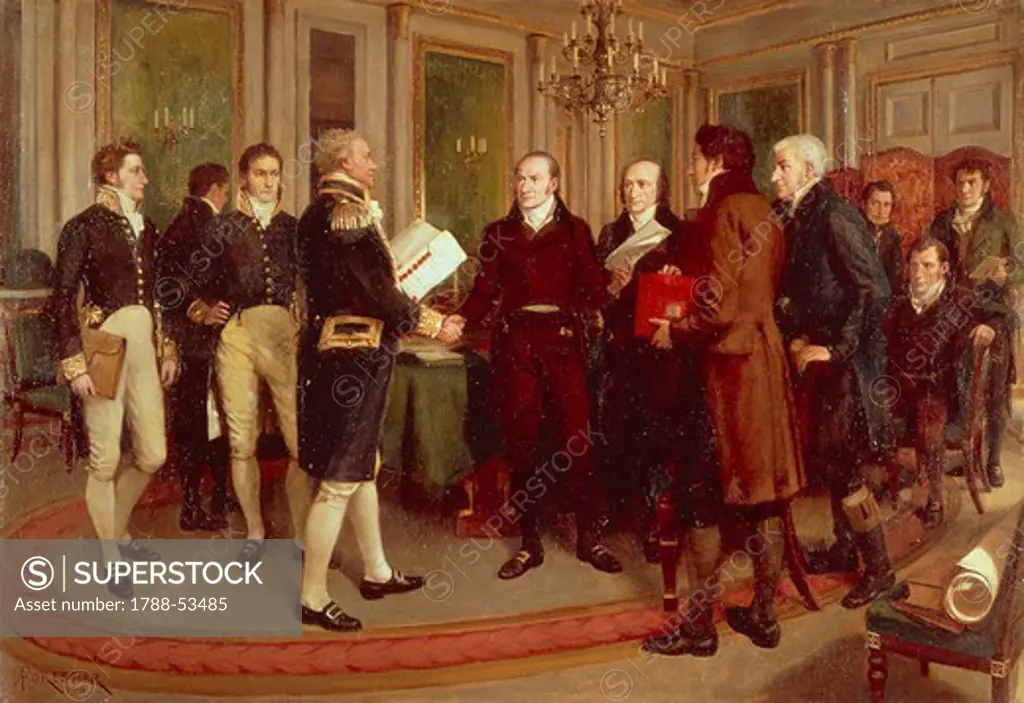 A Hundred Years Peace, the signing of the Treaty of Ghent between Great Britain and the US Dec. 24, 1814, to end the War of 1812. Painting by Amedee Forestier (1854-1930) made in 1914, oil on canvas, 71.4 x102 cm. Belgium, 19th century.