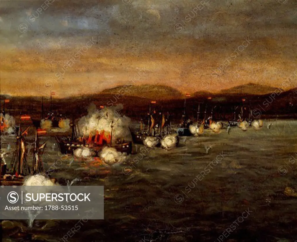 Assault by the Spanish navy on the Port of Callao to seize loads of guano, May 2, 1866, by an unknown 19th-century artist. War of the Pacific, Peru, 19th century.