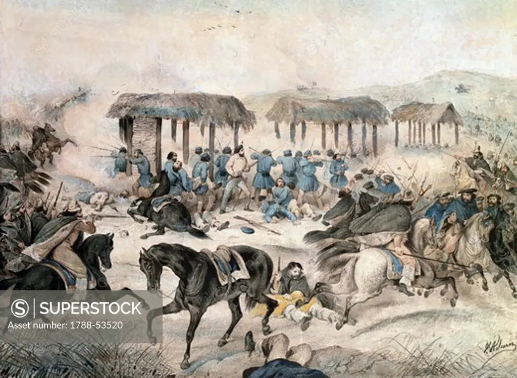 Giuseppe Garibaldi at the battle of San Antonio, February 8, 1846. Uruguayan Civil War, Uruguay, 19th century.
