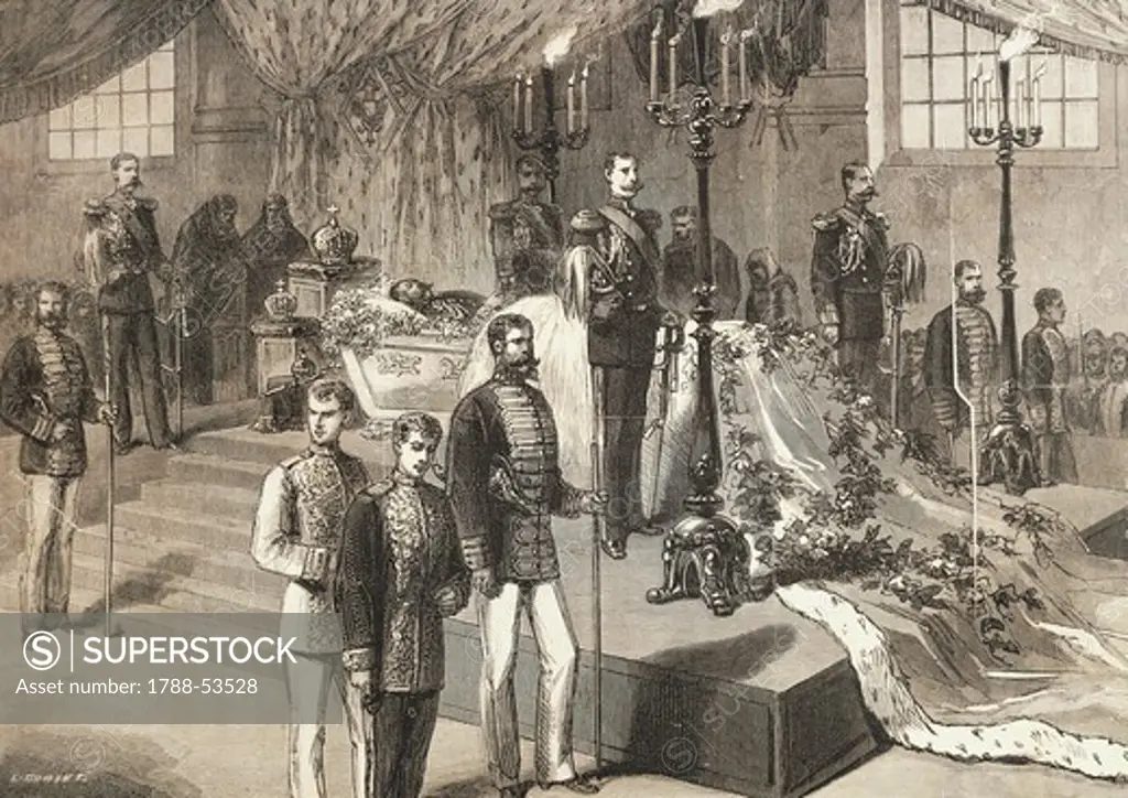 The mortal remains of Tsar Alexander II Romanov exhibited in St Peter and Paul Cathedral in St Petersburg, March 19, 1881, engraving. Russia, 19th century.