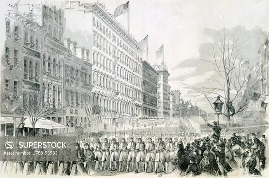 The Seventh Regiment leaving for the front crossing Broadway in New York, illustration from Harper's Weekly, 1861. The American Civil War, the United States, 19th century.