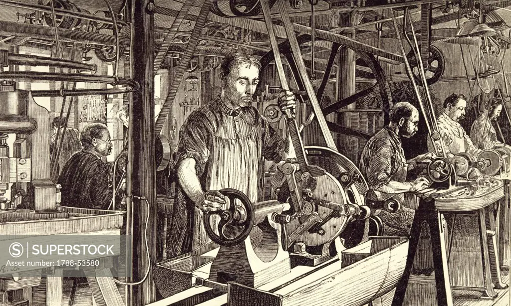 Men at work and machines in a watch factory. Switzerland, 19th century.