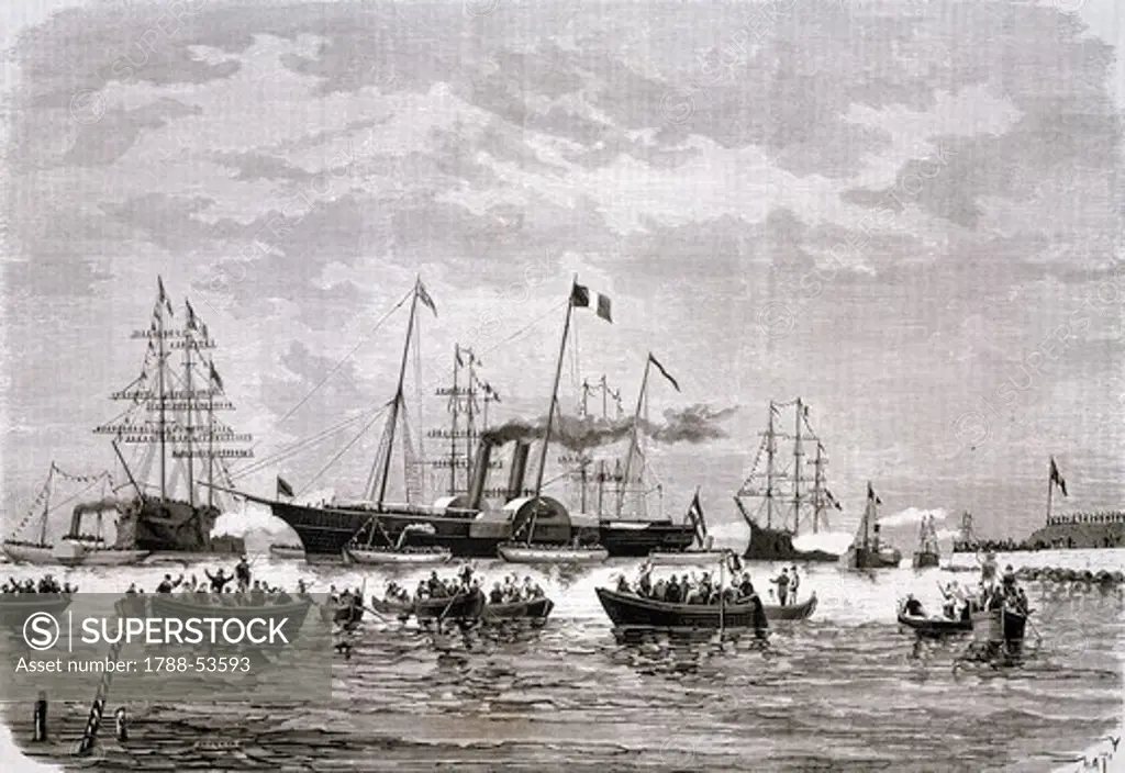 The yacht Miramar leaving Venice with the Emperor of Austria on board, from Italian Illustration , May 2, 1875. Italy, 19th century.