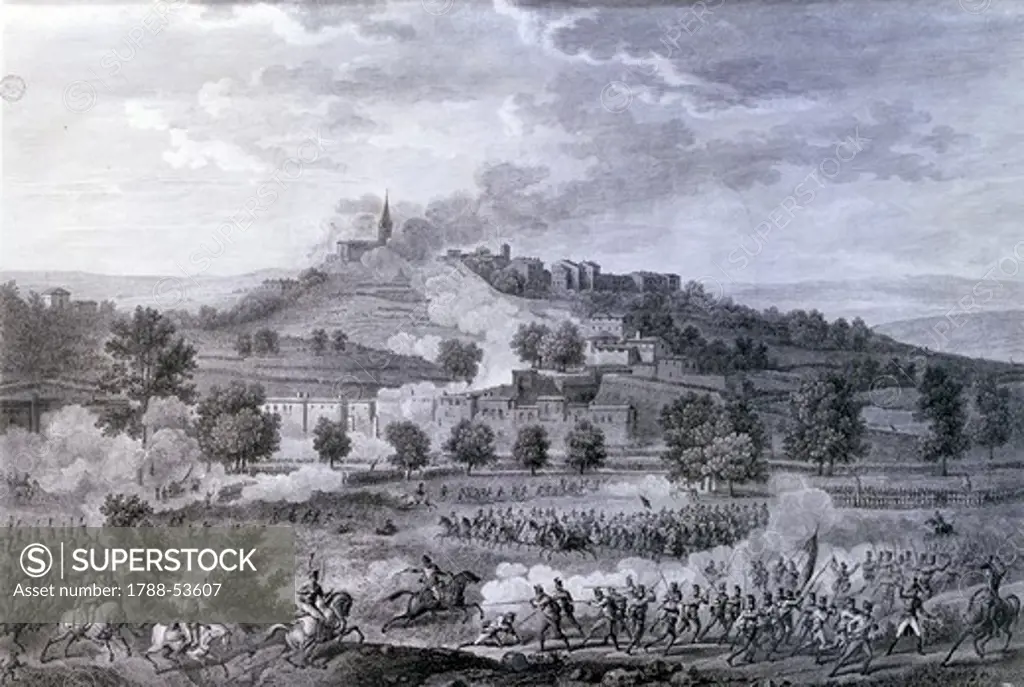 Battle of Montebello and Casteggio, June 9, 1800, print. French Revolutionary Wars, Italy, 19th century.