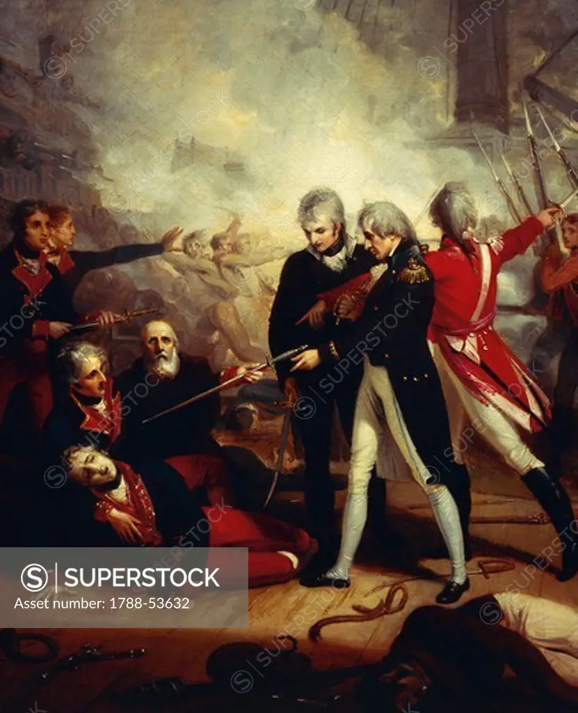 Horatio Nelson receiving the surrender of the captain of the San Nicolas after the Battle of St Vincent, February 14, 1797, by Richard Westall (1765-1836), 1806. French Revolutionary Wars, England, 18th century.