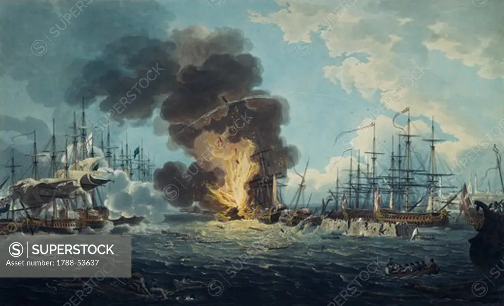 Destruction of the Danish fleet during the Battle of Copenhagen, April 2, 1081, print. Napoleonic Wars, Denmark, 19th century.
