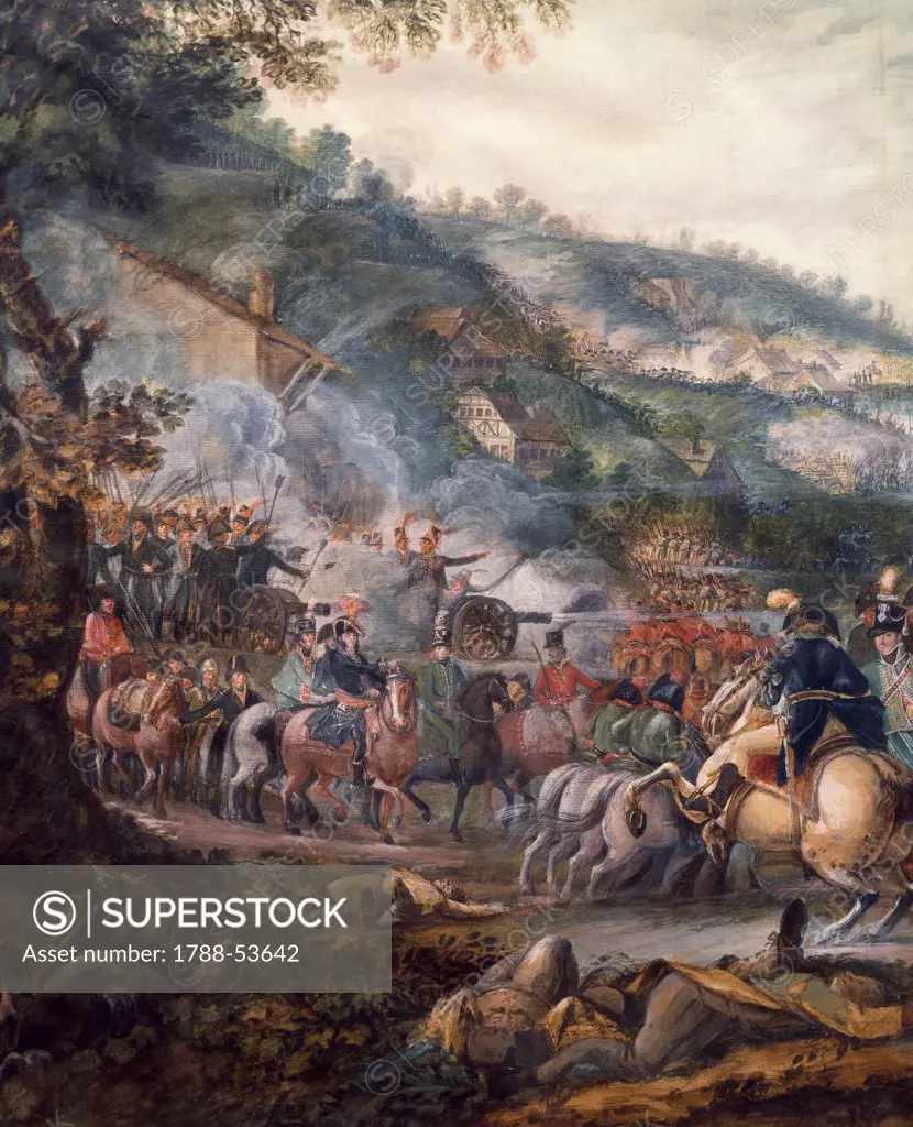 Second Battle of Zurich, the French destroying the Russian army, September 25-26, 1799. French Revolutionary Wars, Switzerland, 18th century.