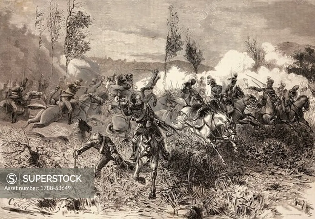 The battle of Rieti, the first battle of Italian Unification, March 7, 1821, the Austrian cavalry tries to break the line of the Neapolitans, by Quinto Cenne (1845-1917), Itaian Illustration, March 21, 1880. Unification era, Italy, 19th century.