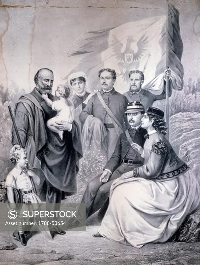 Giuseppe Garibaldi with his family, engraving. Italian Unification (Risorgimento), Italy, 19th century.