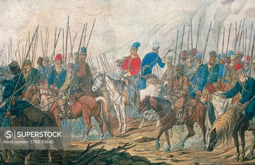 The Cossacks of Aleksandr Vasilevic Suvarov's Russian Army, 1799, watercolour, 1800. French Revolutionary Wars, Russia 18th century.