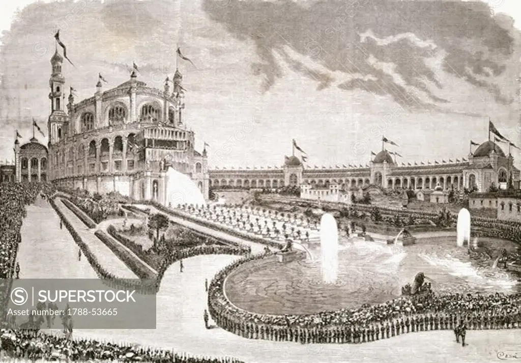 The opening ceremony for the Paris World Exposition, 1878 at the Trocadero, from the Italian Illustration, .May 12, 1878.